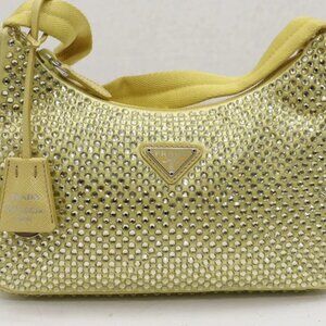 PRADA Re-Edition 2000 Yellow Crystal Nylon Shoulder Top Handle Mini Hobo Bag